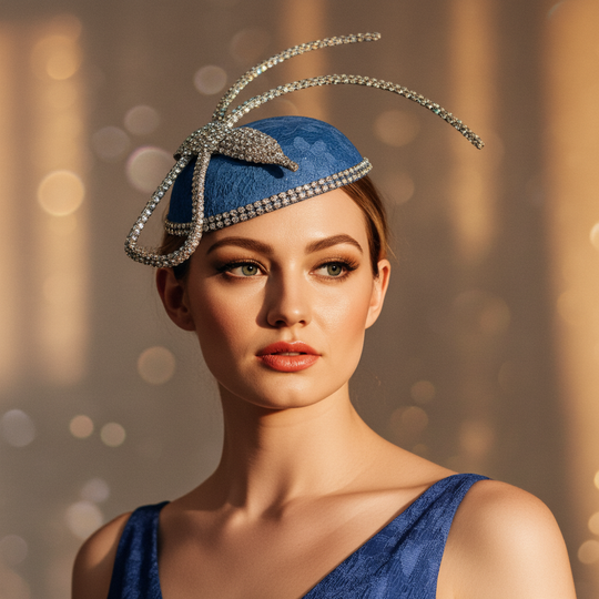 Woman wearing a blue hat with decorative elements against a blurred background