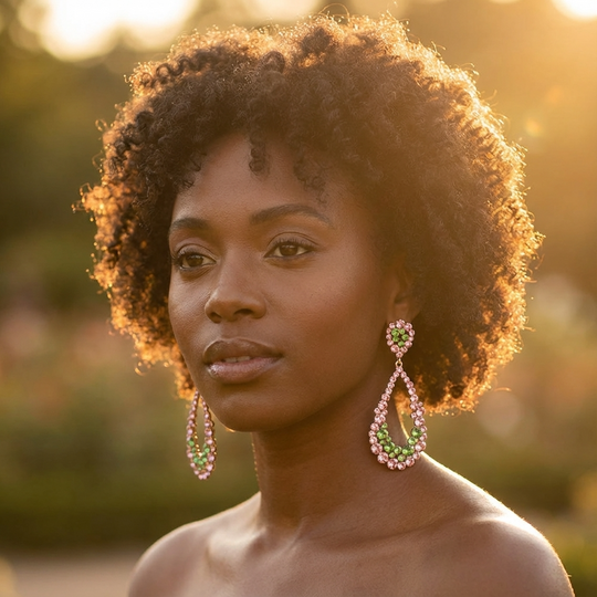 Pink & Green Crystal Loop Tear Drop Earrings