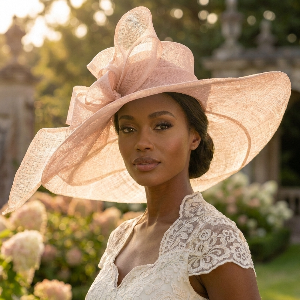 Pearl Pink Sinamay Wide Brim Hat with Abstract Bow