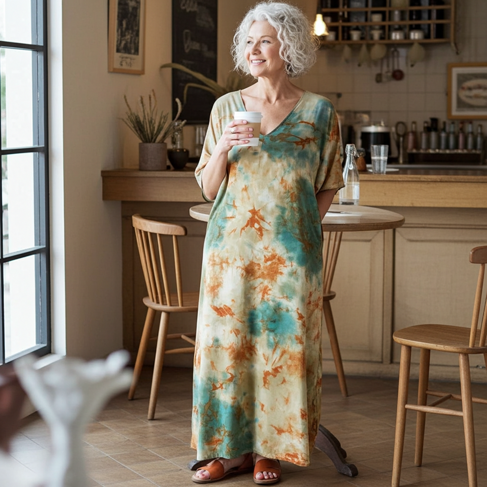 Woman in a tie-dye dress standing in a kitchen holding a coffee cup.