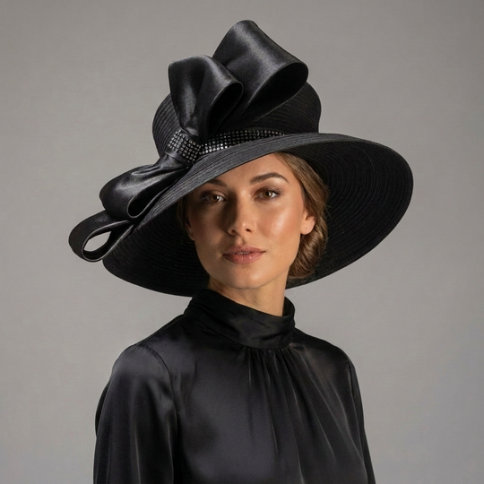 Mad Hatter With Flowy Brim Hat And Oversize Bow: Black