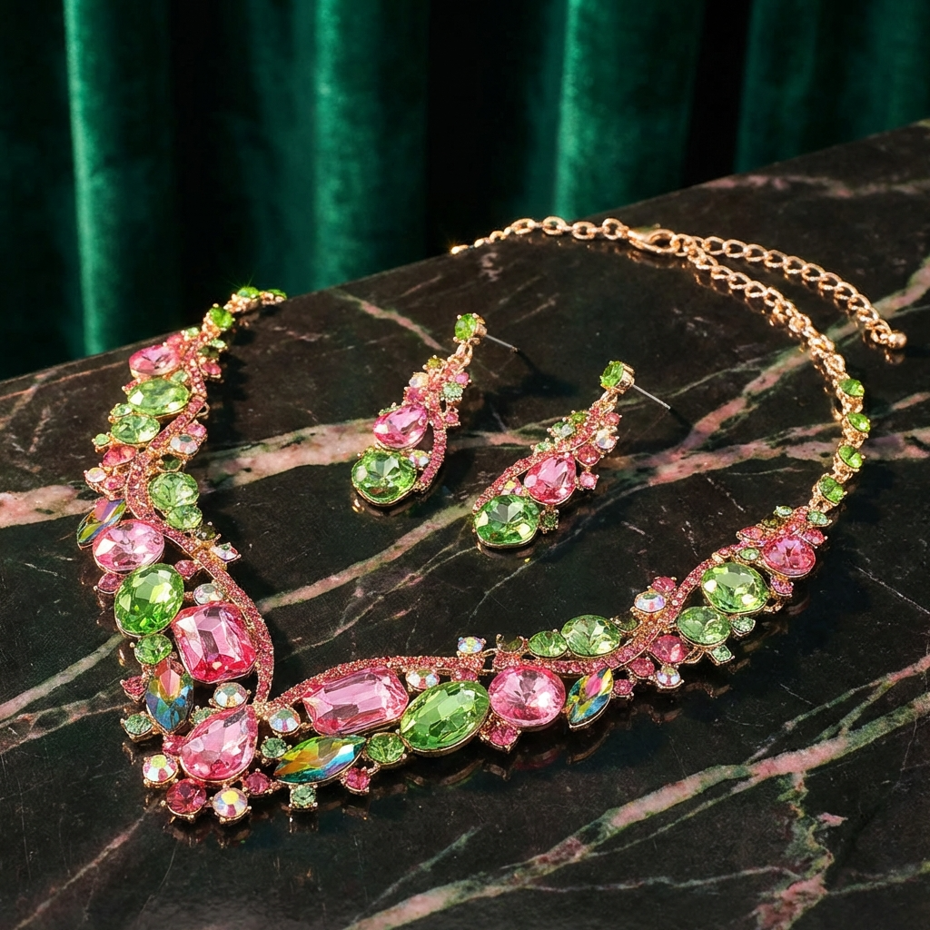 Pink and Green Glass Crystal Evening Necklace and Earrings Set