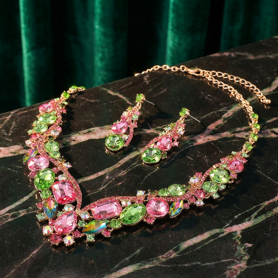 Pink and Green Glass Crystal Evening Necklace and Earrings Set
