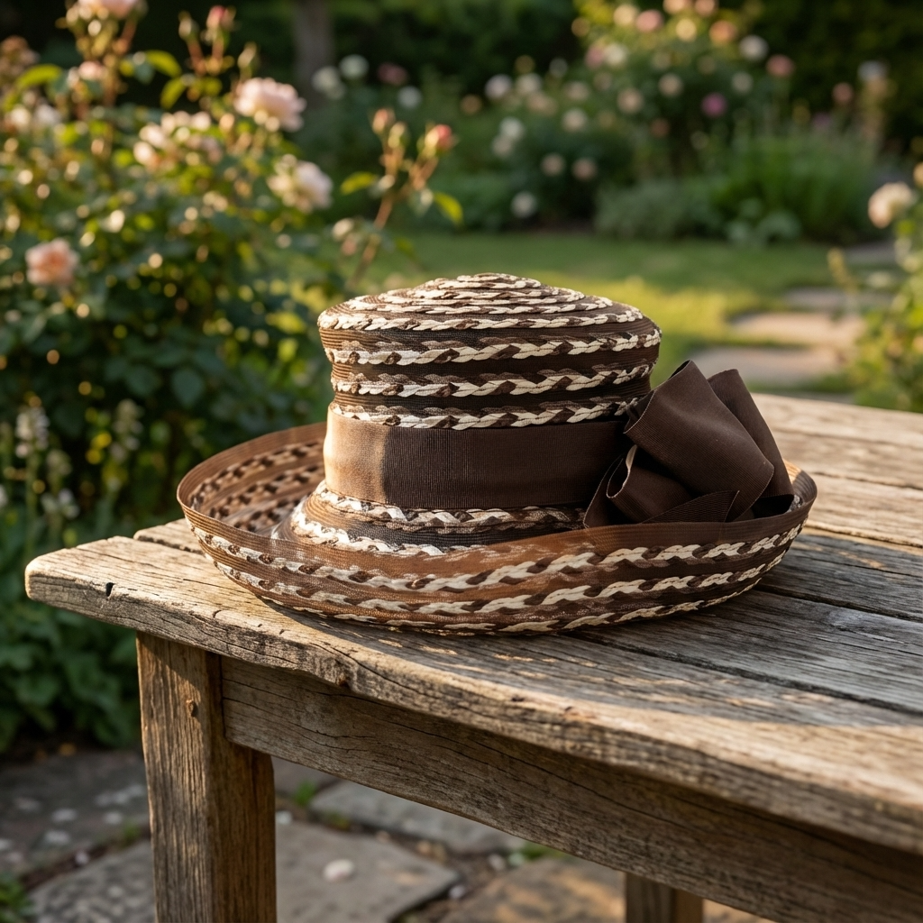 Brown straw hat with white stripes on a wooden table in a garden setting