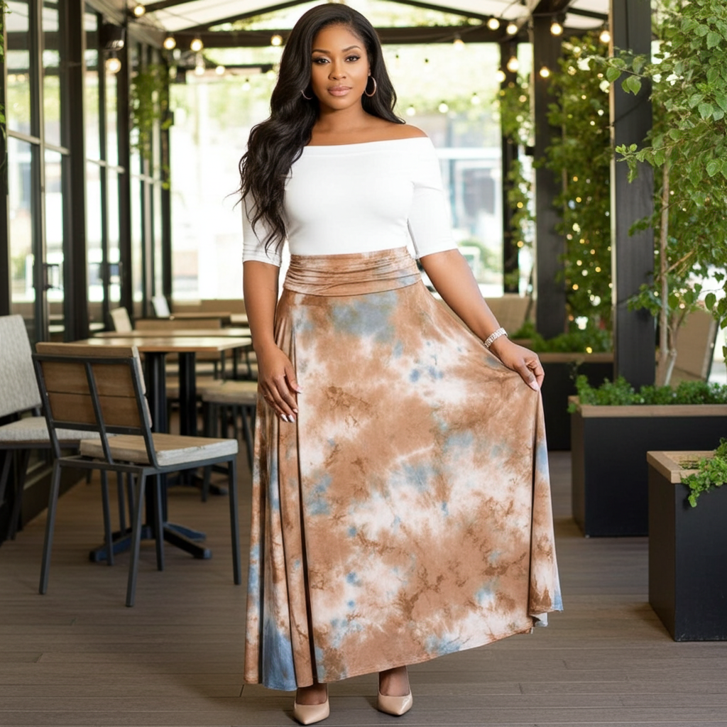 Woman wearing a white top and patterned skirt in an outdoor setting