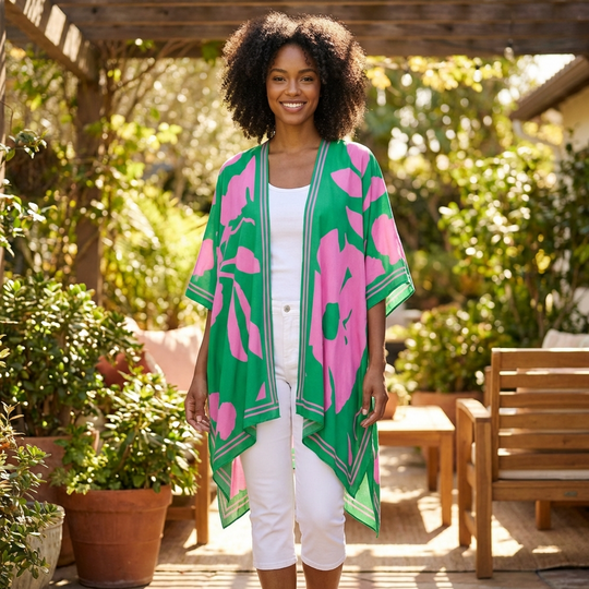 Green & Pink Floral Print Kimono – Lightweight Viscose