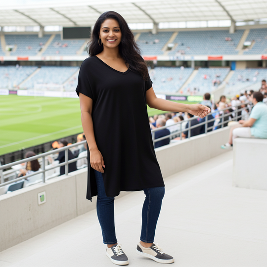 Woman in a black dress standing in a stadium with a green field and spectators in the background.