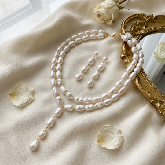 Layered Pearl Necklace and Drop Earrings Set – Gold Plated