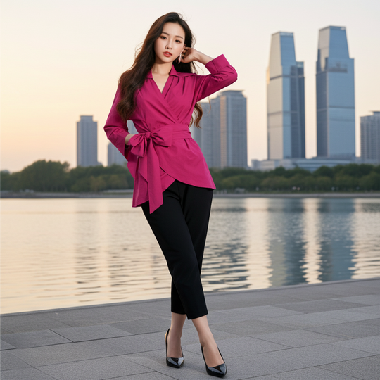 Camisa cruzada Sandi - Popelina de algodón - Fucsia