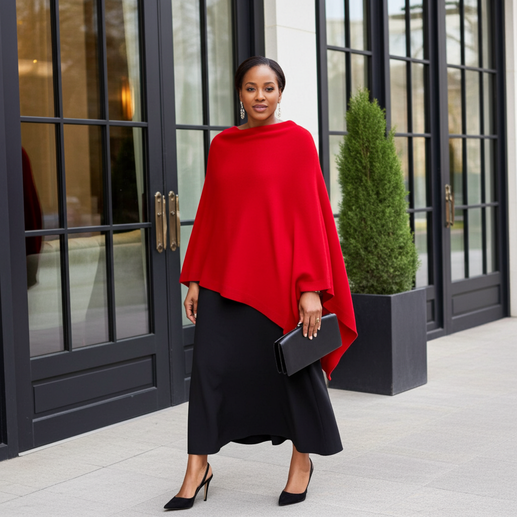 Woman wearing a red poncho and black dress standing in front of a building entrance.