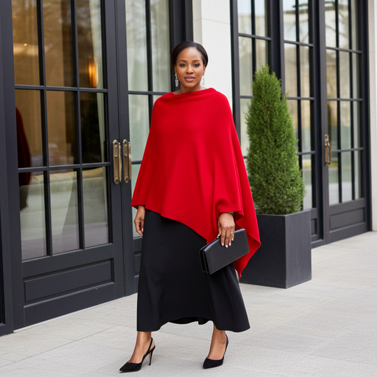 Woman wearing a red poncho and black dress standing in front of a building entrance.