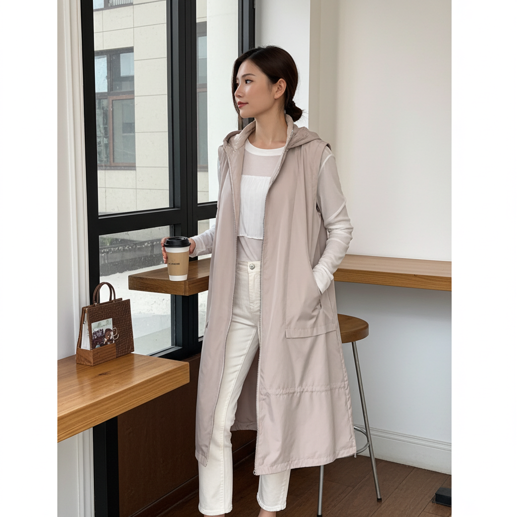 Woman in a long beige coat standing in a modern office setting.