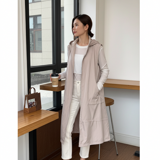 Woman in a long beige coat standing in a modern office setting.