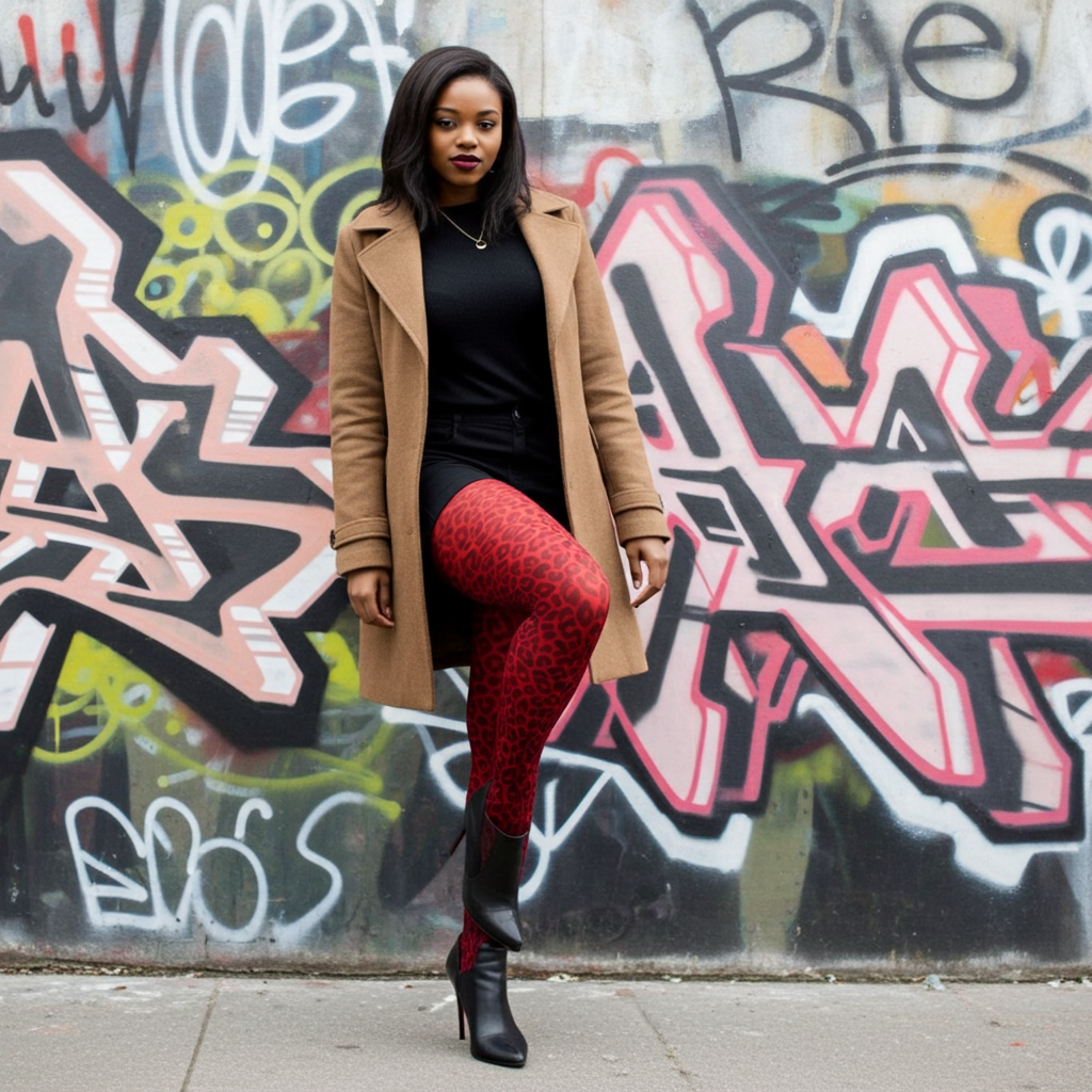 Leopard Print Tights – Black & Red Two-Tone Animal Pantyhose