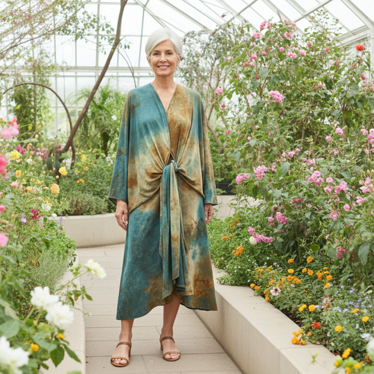 Woman in a tie-dye dress standing in a greenhouse filled with flowers
