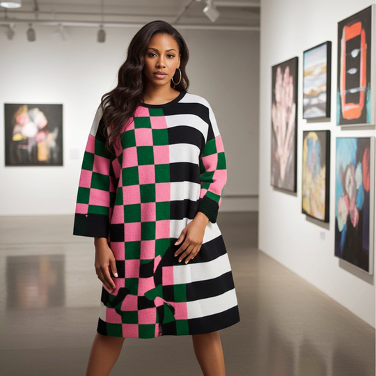 Woman wearing a colorful checkered dress in an art gallery setting