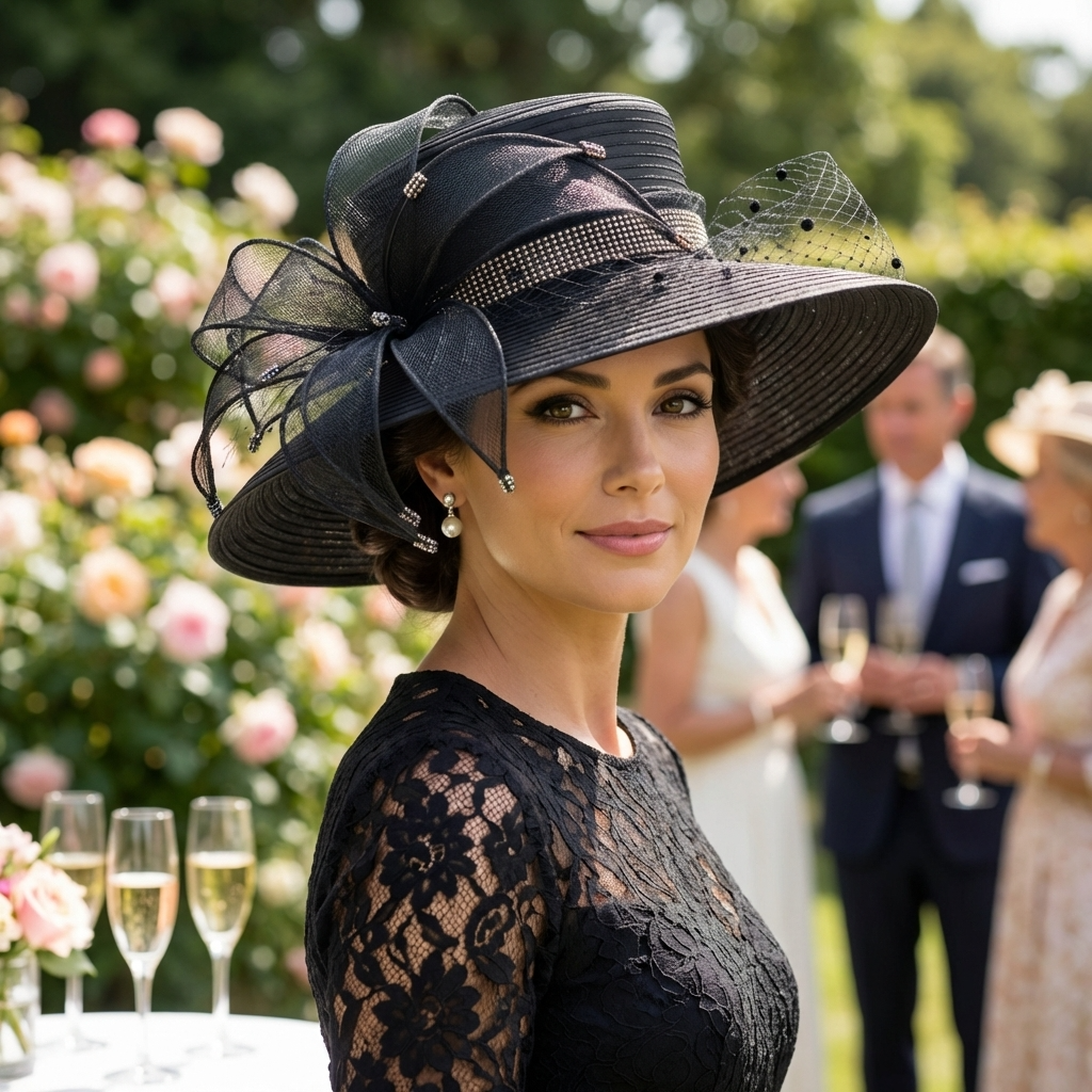 Sinamay Ribbon Flower Wide Brim Hat: Black