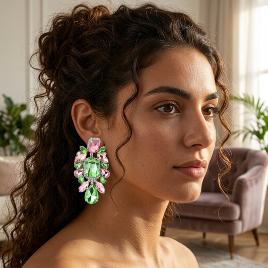 Rosa und Grüne Kristall-Tropfen-Pave Clip-Ohrringe