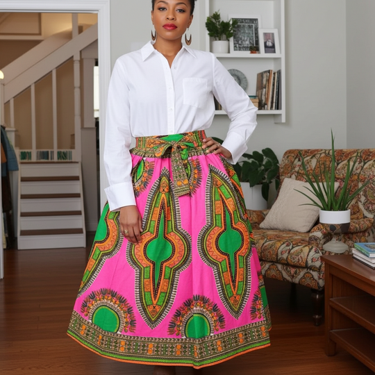Long Maxi Skirt:Pink Dashiki