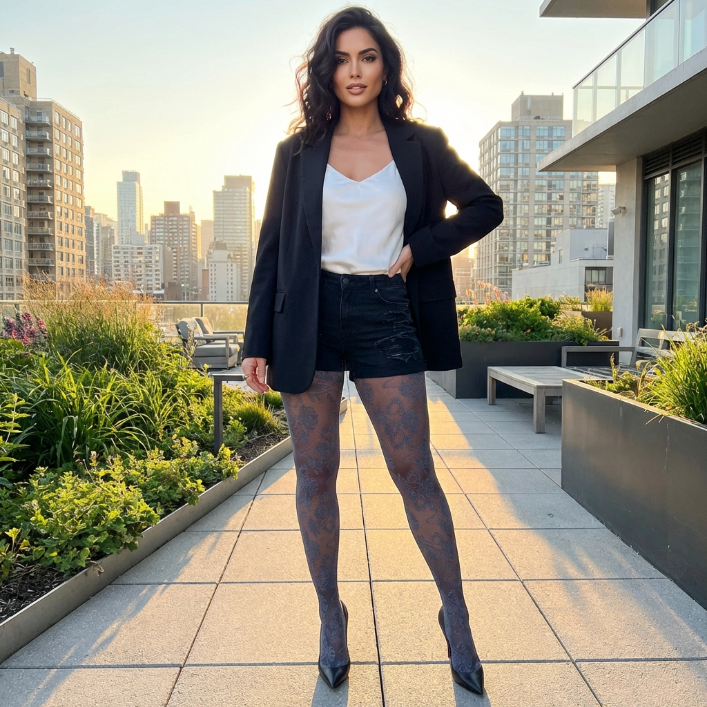 Floral lace sheer tights with cross-hatched pattern worn with heels