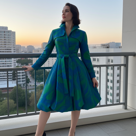 Woman in a blue and green dress standing on a balcony with cityscape in the background