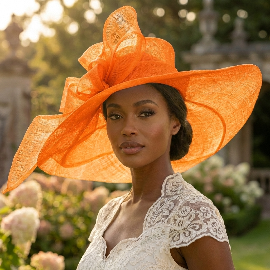 Orange Sinamay Wide Brim Hat with Abstract Bow