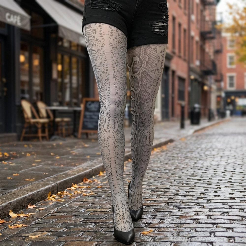 Person wearing patterned tights walking on a cobblestone street.