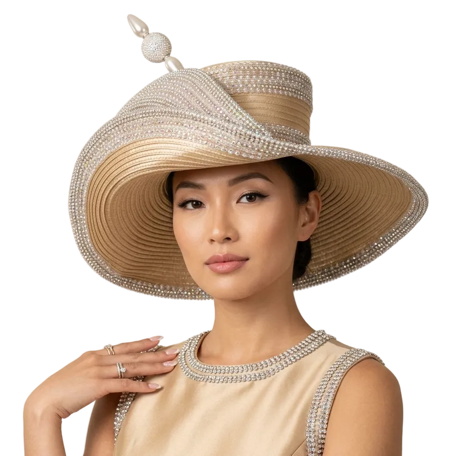 Woman wearing a decorative hat and dress with a neutral background