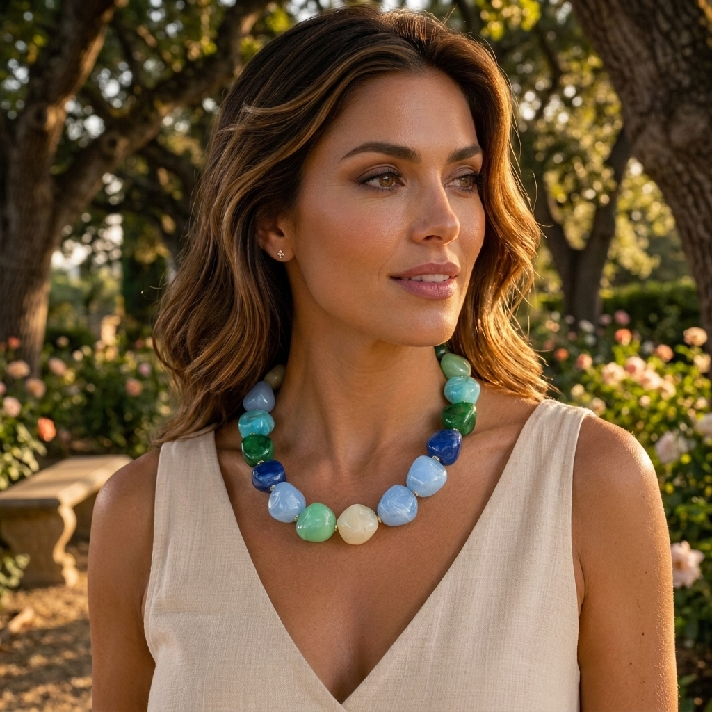 Woman wearing a colorful necklace outdoors with trees and flowers in the background