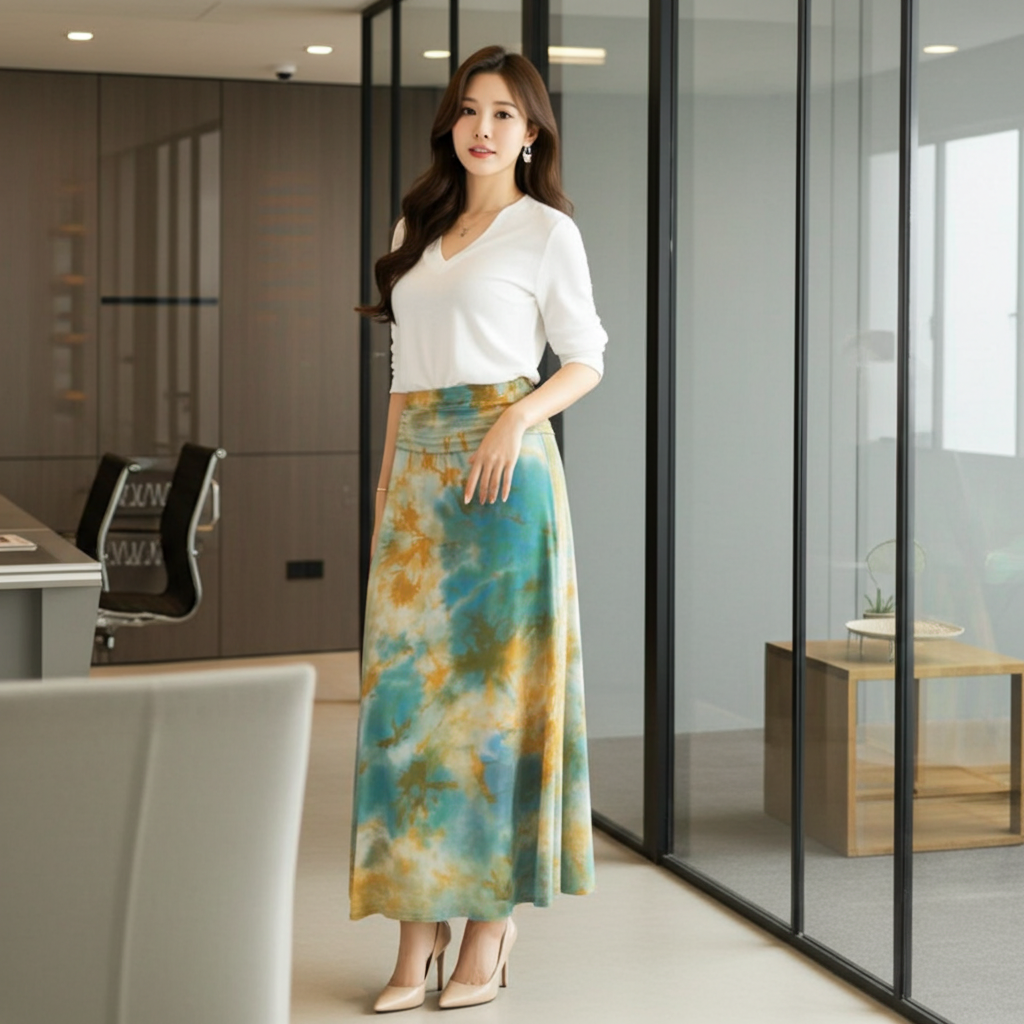 Woman in a modern office setting wearing a white top and colorful skirt.