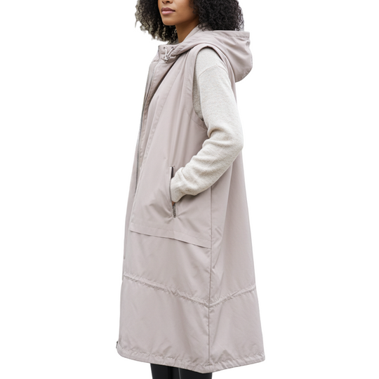 “Women’s parachute zip-up vest with removable hood and zippered pockets – longline Italian vest in beige”