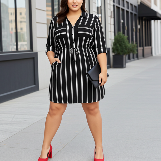 Woman wearing a black and white striped dress with red shoes on a city street.