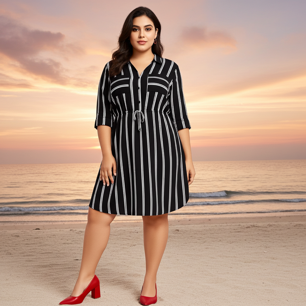 Woman wearing a black and white striped dress on a beach at sunset