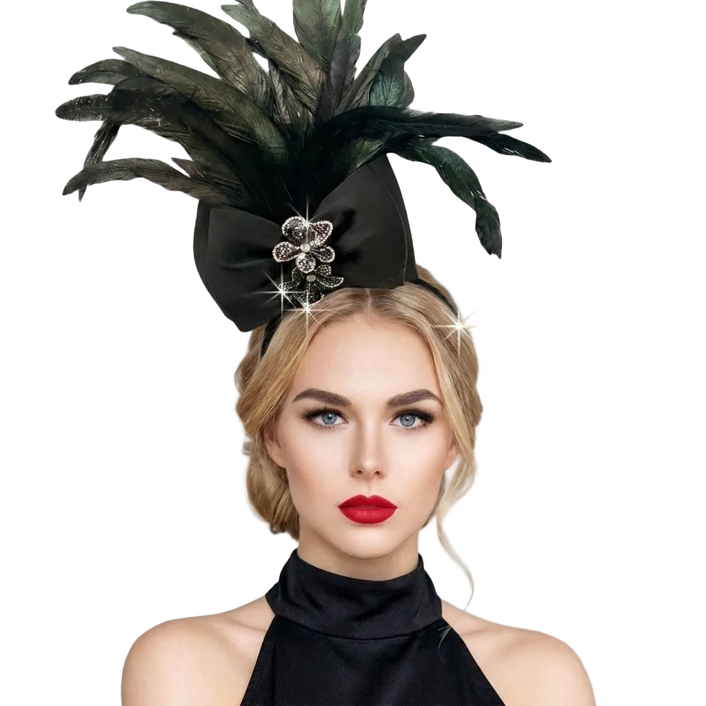 Woman wearing a black feathered headpiece with a bow on a gray background