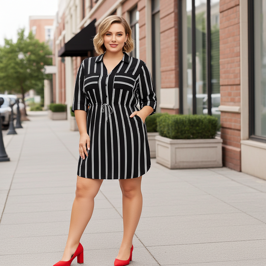 Woman wearing a black and white striped dress with red shoes on a city street.
