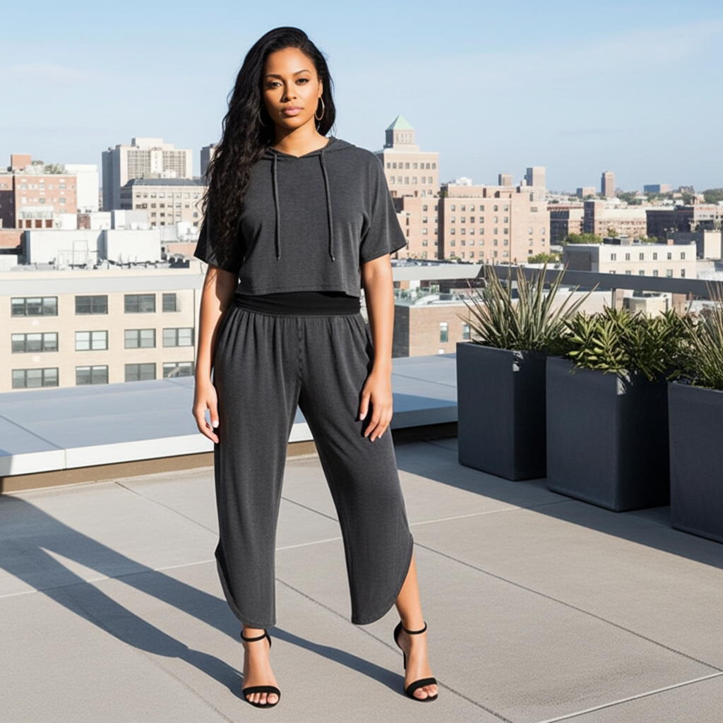 Model wearing charcoal gray tulip palazzo pants and crop hoodie lounge set with wide-leg tulip hem and pleated waistband.