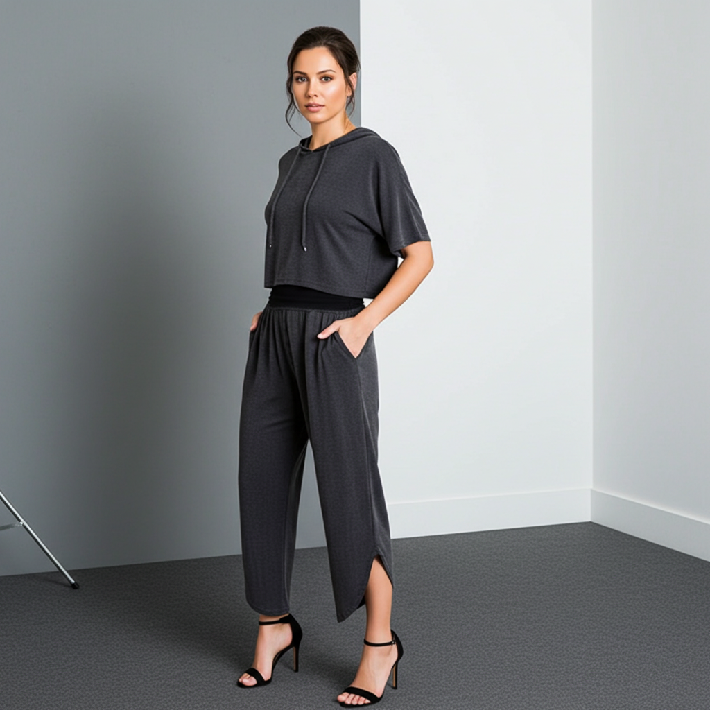 Model wearing charcoal gray tulip palazzo pants and crop hoodie lounge set with wide-leg tulip hem and pleated waistband.