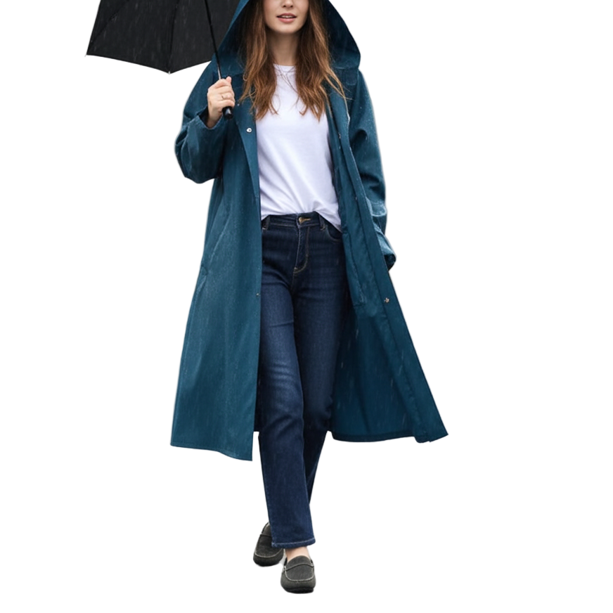 Woman in a long teal coat holding an umbrella on a city street.