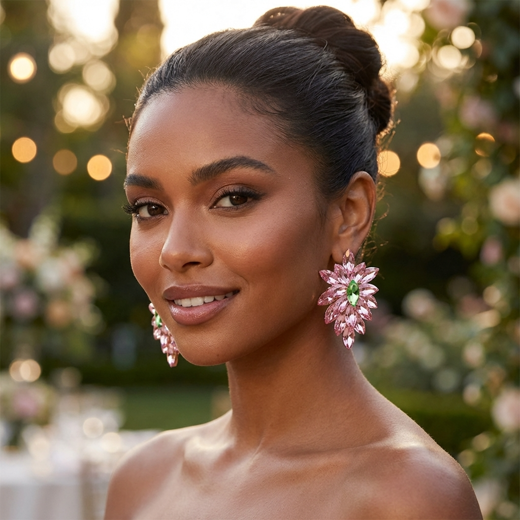 Woman wearing pink floral earrings with a blurred outdoor background