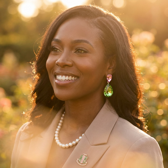 Woman wearing a beige blazer with a brooch, pearl necklace, and colorful earrings in a sunlit outdoor setting.