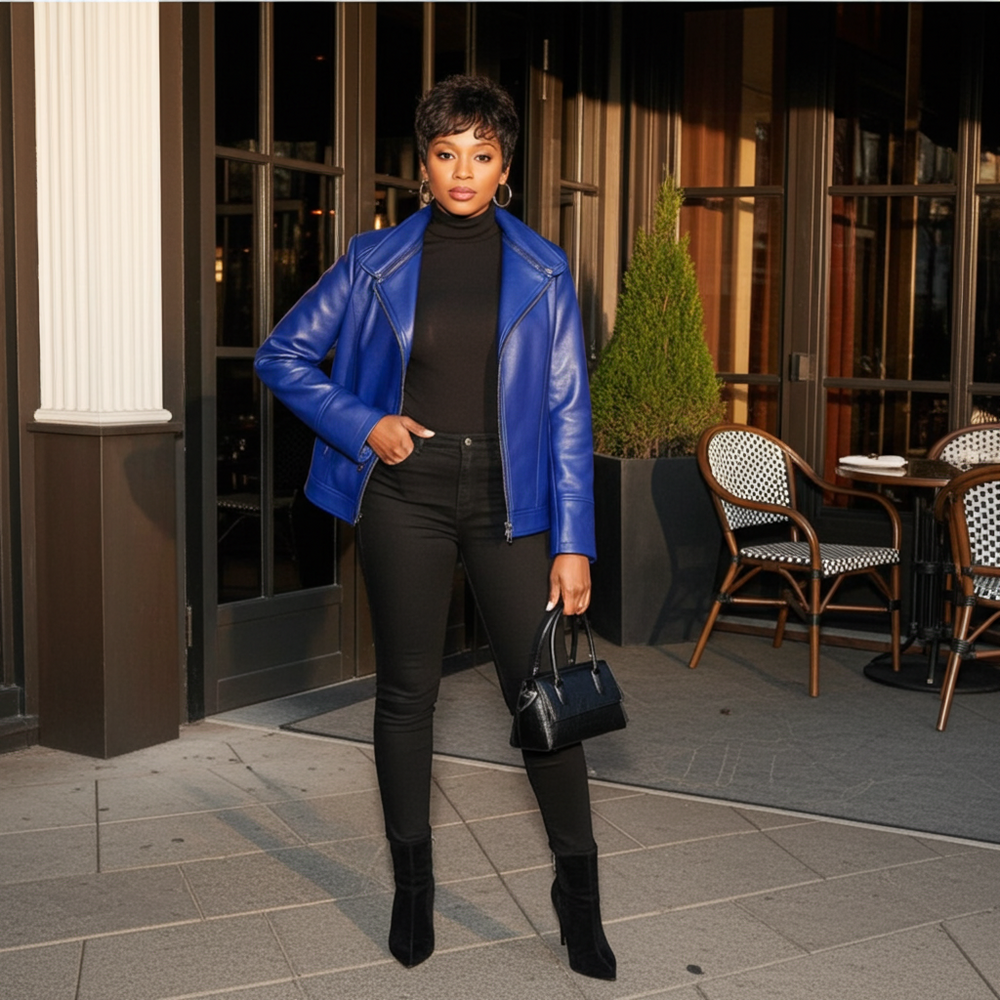 Woman in a blue leather jacket and black outfit standing outside a building.
