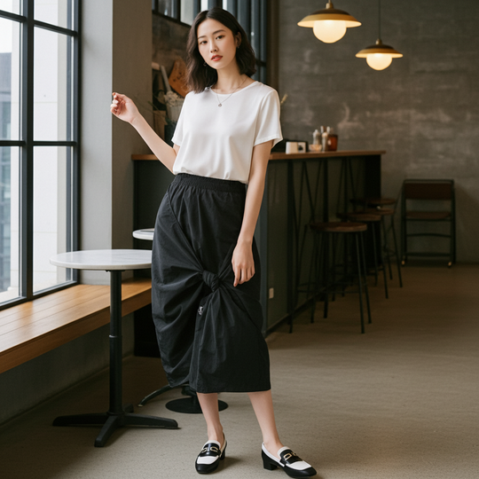 Woman in a white top and black pants standing in a modern cafe.