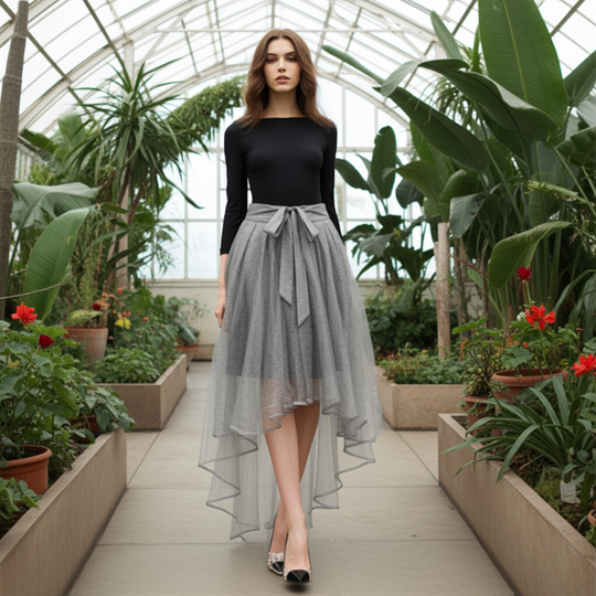 Woman in a black top and gray tulle skirt standing in a greenhouse filled with plants.