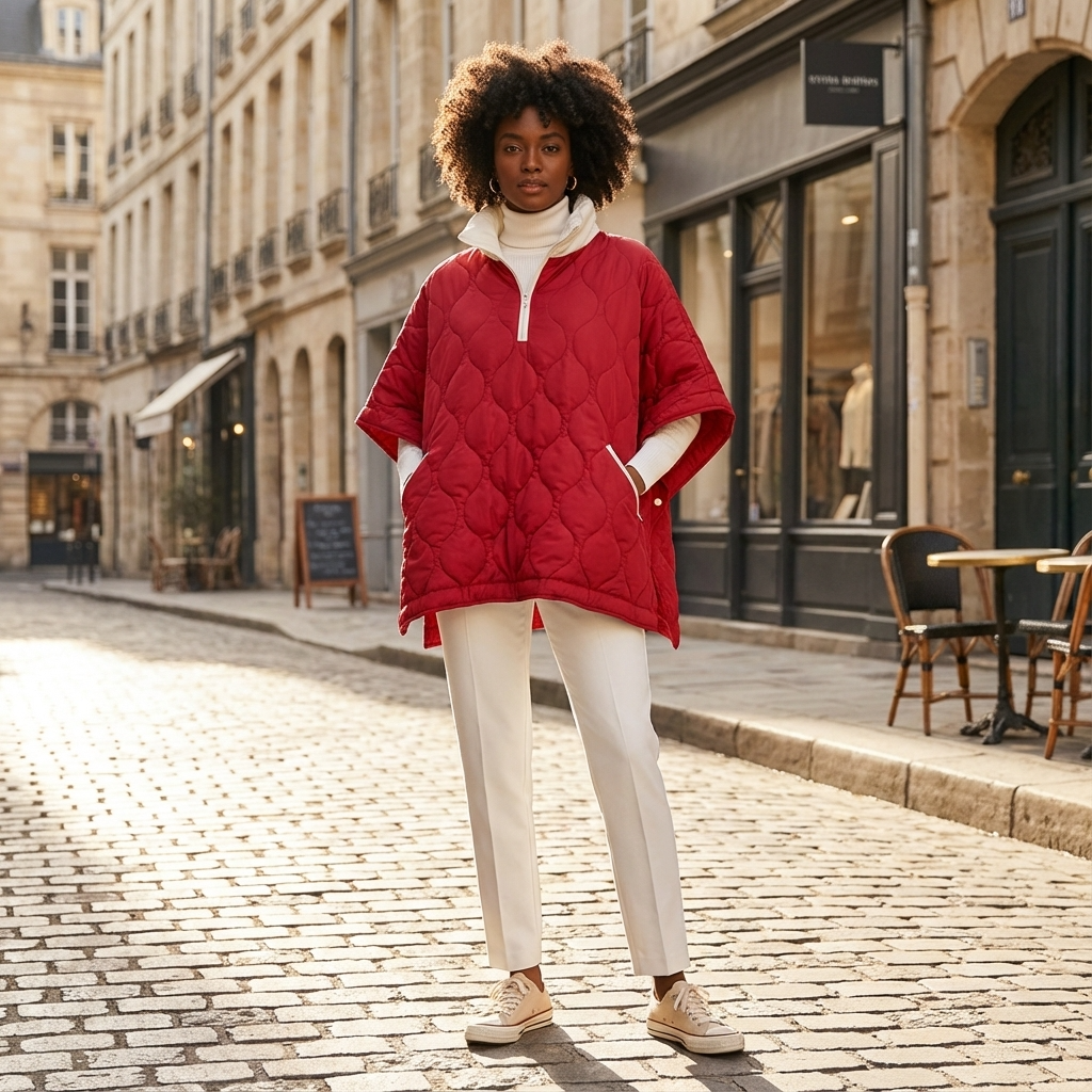 Woman wearing a red quilted jacket on a city street