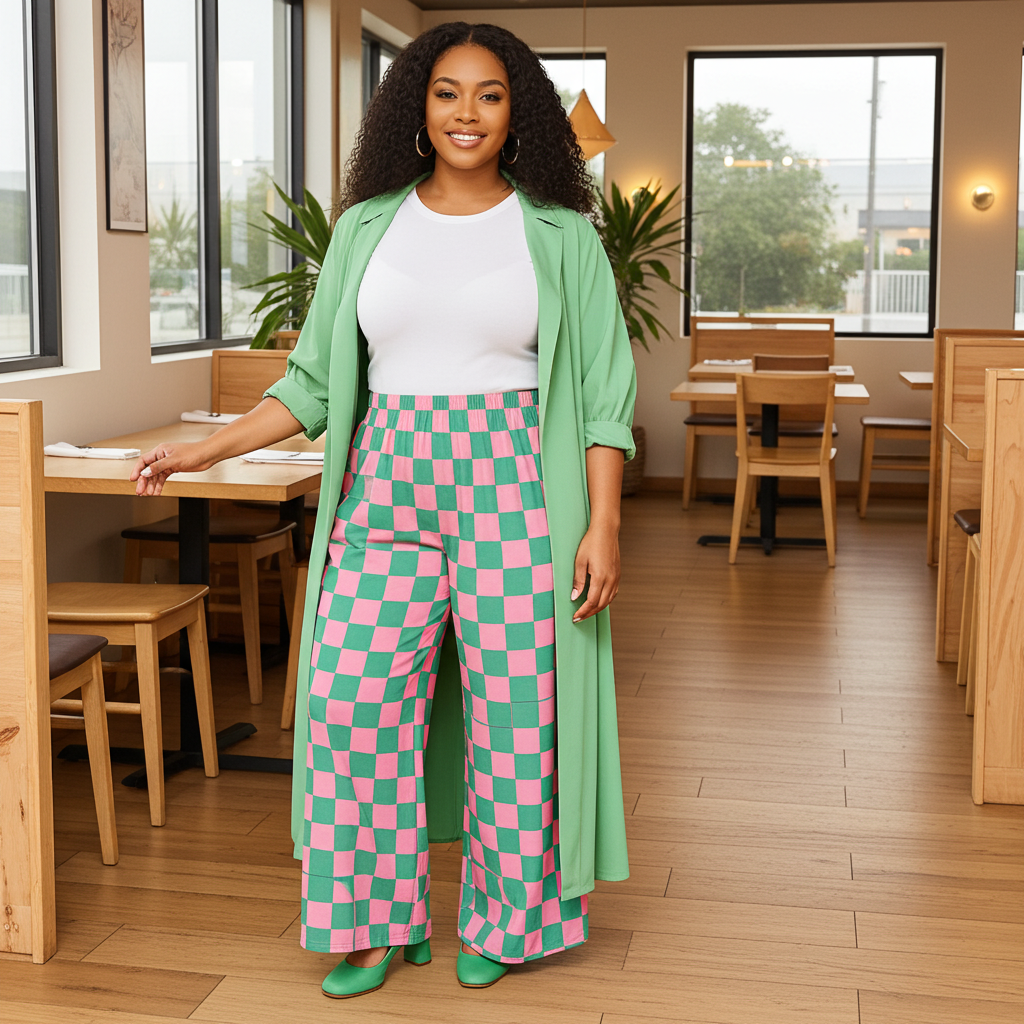 High-Waist Checkered Straight-Leg Knit Pants – Comfort Meets Style