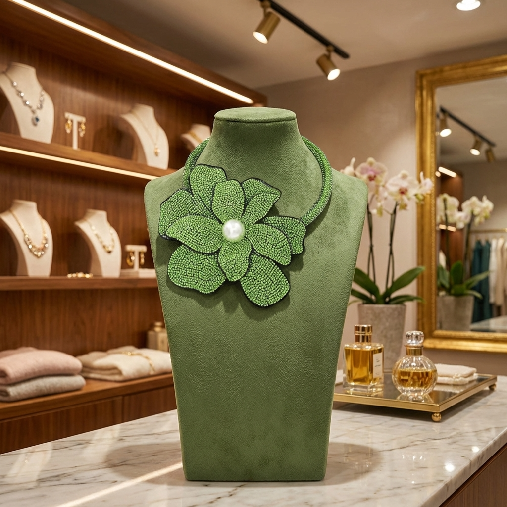 Green velvet jewelry display with floral embellishment in a store setting