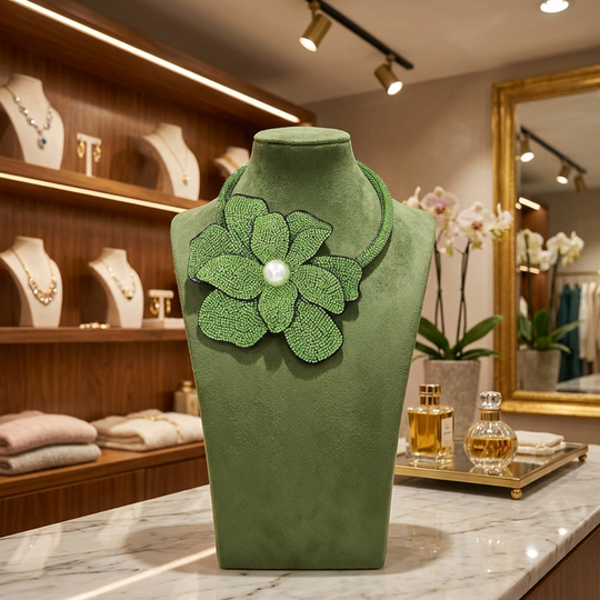 Green velvet jewelry display with floral embellishment in a store setting