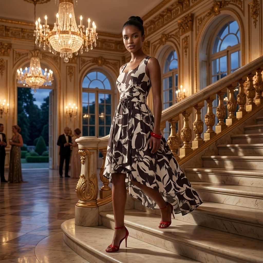 Woman in a black and white patterned dress standing on a staircase in an elegant interior setting.