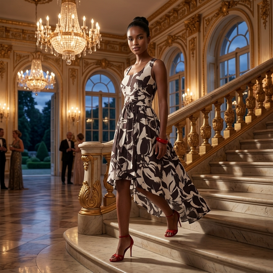 Woman in a black and white patterned dress standing on a staircase in an elegant interior setting.