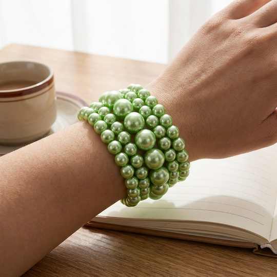 Classic Pearl Stretch Bracelet Set (5-Piece Stack) - Green